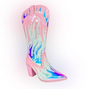 YRU Pink Space Cowgirl Iridescent Holographic Blue Flame Knee High Cowboy Boots